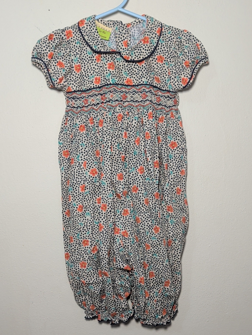 Le' Za Me Smocked Bubble Romper Cream Navy Pink Floral 100% Cotton Girl Size 24M